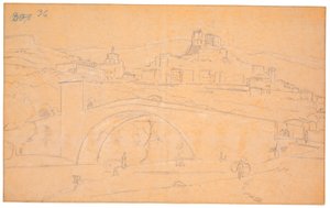 Italienische Landschaft mit einer Brücke über einen Fluss und der Stadt Subiaco im Hintergrund