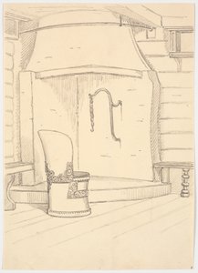 Kamin und runder Holzstuhl mit Rückenlehne