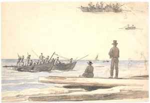 Zwei Fischerboote segeln auf den Strand von Skagen zu