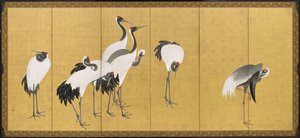 Kraniche, Anei-Periode, 1772 (Tinte, Farbe & Goldblatt auf Tafel) von Maruyama Okyo