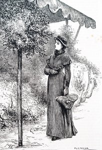 Eine Frau kauft Stechpalmen für Weihnachtsdekorationen. Von Mary Ellen Edwards (1838-1934), einer englischen Künstlerin