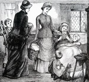 Eine Frau, die einem armen Häusler Geschenke gibt. Von Mary Ellen Edwards (1838-1934), eine englische Künstlerin von Mary Ellen Edwards