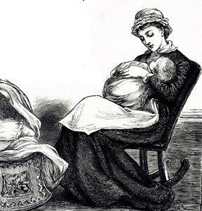 Eine Gravur, die eine Mutter zeigt, die ihr Baby wiegt