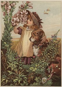 Mädchen mit Hund riecht Blumen von Mary Ellen Edwards