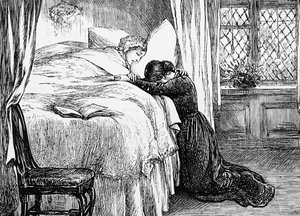 Illustration einer Tochter, die am Sterbebett ihrer Mutter weint von Mary Ellen Edwards