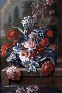 Stillleben mit Blumen an einem Brunnen