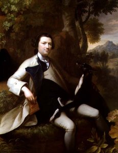 Francis Popham (gest. 1780) sitzt in einer bewaldeten Landschaft mit seinem Windhund