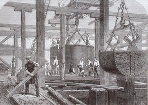 Ansicht der Bauarbeiten an der Blackfriars Bridge für die London, Chatham und Dover Railway, die das Versenken eines Zylinders für einen der runden Steinpfeiler zeigen