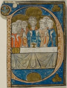 Bischof bei der Messe in einem historisierten Initial "P" aus einem Chorbuch von Master Honoré