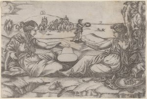 Zwei allegorische Figuren (Roma und Freiheit?) von Master IRs