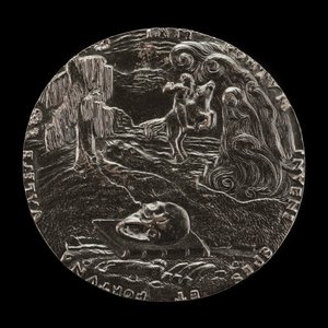 Buch, Schädel, Knochen und Reiter in Landschaft [Rückseite], 1526