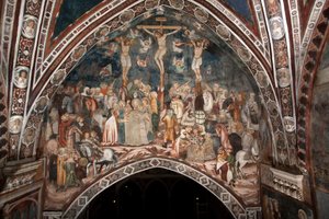 Die Kreuzigung, Fresko des Meisters von Sacro Speco, 14. Jahrhundert, Obere Kirche, Kloster von San Benedetto (Sacro Speco), Subiaco (Rom), Italien von Master Trecentesco of Sacro Speco School