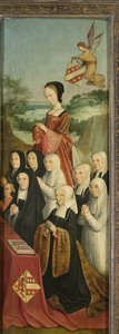 Gedenktafel mit neun weiblichen Porträts, wahrscheinlich Kathrijn Willemsdr van der Graft und Familie, mit der Heiligen Maria Magdalena und den Wappen der Familien Van Soutelande und Van der Graft-Van Soutelande, innerer rechter Flügel eines Altars von Master of Alkmaar