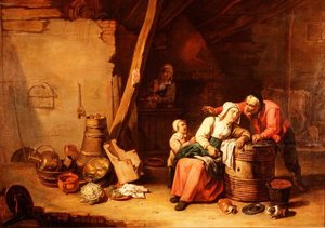 Eine Scheune mit einem Bauern, der eine alte Dame weckt