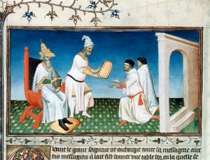 Kublai Khan gibt den Polos ihren Pass von Master of Boucicaut