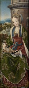 Triptychon der Heiligen Familie mit musizierenden Engeln. Rechtes Panel: Heilige Barbara