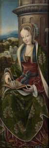Triptychon der Heiligen Familie mit musizierenden Engeln. Rechtes Panel: Heilige Barbara, ca. 1510-1520