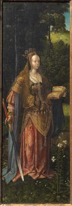 Heilige Katharina. Heilige Familie mit Engeln und den Heiligen Katharina und Barbara Triptychon, 16. Jahrhundert