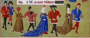 Mai: die Höflinge spazieren. Detail einer illuminierten Manuskriptseite aus dem Stundenbuch der Herzogin von Burgund, Adelaide von Savoyen