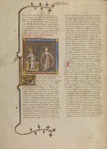 Salomo mit einer gekrönten weiblichen Figur, die ein Rad hält, das die Jahreszeiten illustriert