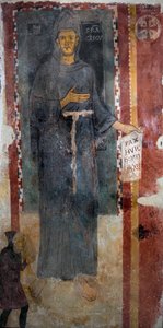 Darstellung des Heiligen Franz von Assisi. Sicherlich die erste Darstellung des Heiligen, ausgeführt zu Lebzeiten, ohne Stigmata und ohne Heiligenschein. Er hält ein Papier mit der Aufschrift "Pax huic Domui" (Friede diesem Haus)