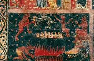 Zeichen des Heiligen Michael. Detail der Hölle. Gemälde von Der Meister von Soriguerola (Mitte des 13. Jahrhunderts). Tempera auf Holz. Nationales Kunstmuseum von Katalonien, Barcelona. von Master of Soriguerola