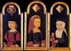 Erzherzog Karl, der spätere Heilige Römische Kaiser Karl V., mit seinen Schwestern Eleonore und Isabella im Alter von 2 Jahren, 1502 von Master of St.Georgsgilde