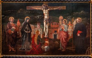 Gekreuzigter Christus unter St. Peter, der Jungfrau Maria, Maria Magdalena, St. Johannes dem Apostel und St. Benedikt von Master of St. Peter in Vicenza