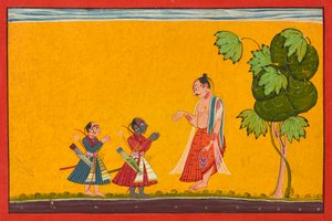 Rama und Lakshman mit dem Weisen Vishvamitra, aus einem Ramayana, ca. 1680-1690