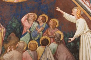 Die Himmelfahrt Christi (Detail mit männlichen Figuren und Heiligen, ca. 1420) von Master of Vignola