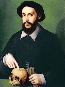 Porträt eines Gentlemans, der mit seiner rechten Hand auf einen Schädel zeigt, ca. 1540