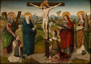 Die Kreuzigung mit Heiligen und Stiftern, ca. 1490-1495 von Master of the Aachen Cabinet Doors