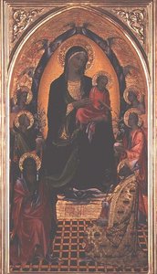 Madonna mit Kind, dem Hl. Johannes dem Täufer und dem Hl. Nikolaus von Myra von Master of the Bambino Vispo