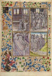 Kaiser Konstantin betet in einer Kirche; Sophia von bösen Geistern geplagt; Durch einen Traum befiehlt Gott Konstantin, die Überreste von Antonius zu finden; Bischof Theophile auf dem Weg nach Ägypten von Master of the Brussels Romuléon
