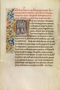Initiale A: Der Körper des heiligen Antonius wird nach Konstantinopel transportiert und die Heilung von zwei Aussätzigen nach Berührung des Körpers des Heiligen von Master of the Brussels Romuléon