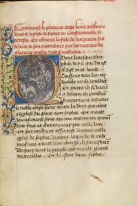 Initiale Q: Der Reliquienschrein des Heiligen Antonius kommt in der Kirche in Konstantinopel an und die Heilung der Kaisertochter von Master of the Brussels Romuléon