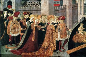 Decameron von Boccaccio: der Burgherr Pericone empfängt Alatiel, Tochter des Sultans von Babylon Beminedab und ihre Gefolgschaft auf der Insel Mallorca von Master of the Cassoni