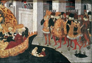 Decameron von Boccaccio: Der Burgherr Pericone empfängt Alatiel, Tochter des Sultans von Babylon Beminedab, und ihre Gefolgschaft auf der Insel Mallorca