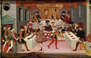 Decameron von Boccaccio: Das Bankett, das von Pericone organisiert wurde, um Alatiel zu empfangen von Master of the Cassoni