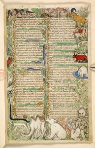 Add. 28841, f.3: Kannibalen, eine ummauerte Stadt und exotische Tiere, darunter eine Giraffe, ein Löwe, ein Kamel und ein Elefant, aus einem Traktat über Tugenden und Laster und einer anonymen Prosageschichte Siziliens (Fragment), ca. 1330-40 von Master of the Cocharelli Codex