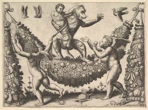 Ein Affe hält einen gefesselten Putto, der auf einem Kranz steht, vor dem zwei geflügelte P..., 1530-60