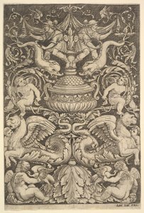 Ein Ornamentpanel mit einer großen Vase in der Mitte, Putti und anderen Figuren