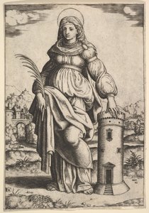 Heilige Barbara stehend, Palme in der rechten Hand, linke Hand auf einem Turm ruhend, 1530-60