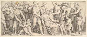 Die Hochzeit von Jason und Kreusa, links nimmt Medea ihre Kinder, 1530-60 von Master of the Die