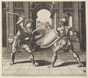Zwei Gladiatoren kämpfen vor einem Bogen, 1530-60
