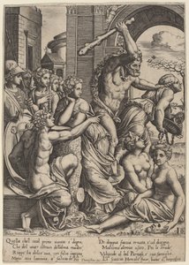 Neid aus dem Tempel der Musen vertrieben von Master of the Die after Baldassare Peruzzi