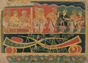 Nanda und Vasudeva: Seite aus einem verstreuten Bhagavata Purana von Master of the Dispersed Bhagavata Purana.