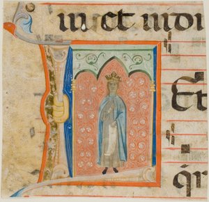 Heilige Frau in einem verzierten Initial "L" aus einem Chorbuch