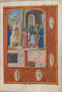 Temporale (1. Teil: vom Ersten Adventssonntag bis Karsamstag). Die Juden drohen Christus wegen Gotteslästerung in Salomons Tempel zu steinigen (Passionssonntag). Rand mit Engeln. Zwei Textspalten. von Master of the Dresden Prayer Books