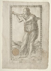 Melpomene Tragödie aus der Tarocchi-Serie D: Apollo und die Musen, Nr. 17, vor 1467 von Master of the E Series Tarocchi